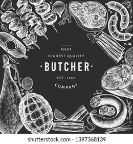 Retro vector meat products design template. Hand drawn ham, sausages, jamon, spices and herbs. Raw food ingredients. Vintage illustration on chalk board. Can be use for label, restaurant menu.