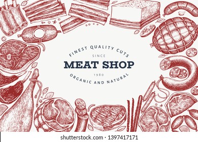 Retro vector meat products design template. Hand drawn ham, sausages, jamon, spices and herbs. Raw food ingredients. Vintage illustration. Can be use for label, restaurant menu.