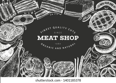 Retro vector meat products design template. Hand drawn ham, sausages, jamon, spices and herbs. Raw food ingredients. Vintage illustration on chalk board. Can be use for label, restaurant menu.