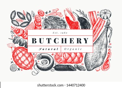 Retro vector meat products design template. Hand drawn ham, sausages, jamon, spices and herbs. Raw food ingredients. Vintage illustration. Can be use for label, restaurant menu.