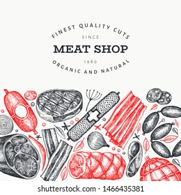 Retro vector meat products design template. Hand drawn ham, sausages, jamon, spices and herbs. Raw food ingredients. Vintage illustration. Can be use for label, restaurant menu.