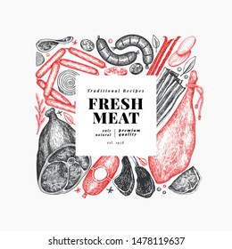 Retro vector meat products design template. Hand drawn ham, sausages, jamon, spices and herbs. Raw food ingredients. Vintage illustration. Can be use for label, restaurant menu.