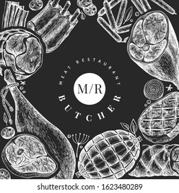 Retro vector meat products design template. Hand drawn ham, sausages, jamon, spices and herbs. Retro illustration on chalk board. Can be use for restaurant menu.