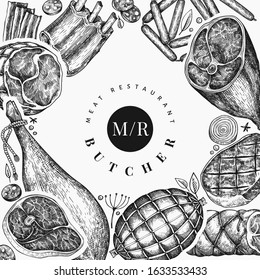 Retro vector meat products design template. Hand drawn ham, sausages, jamon, spices and herbs. Raw food ingredients. Retro illustration. Can be use for restaurant menu.
