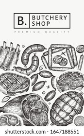 Retro vector meat products design template. Hand drawn ham, sausages, jamon, spices and herbs. Retro illustration. Can be use for restaurant menu.