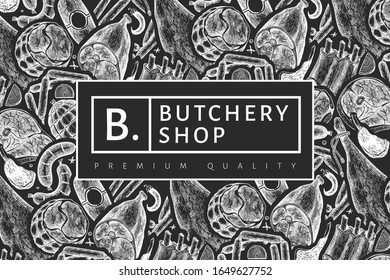 Retro vector meat products design template. Hand drawn ham, sausages, jamon, spices and herbs. Retro illustration on chalk board. Can be use for restaurant menu.