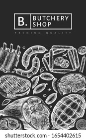 Retro vector meat products design template. Hand drawn ham, sausages, jamon, spices and herbs. Retro illustration on chalk board. Can be use for restaurant menu.