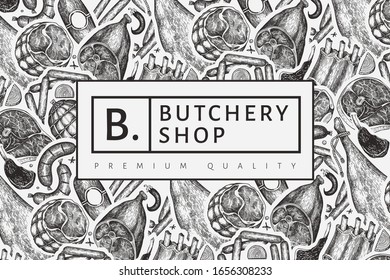 Retro vector meat products design template. Hand drawn ham, sausages, jamon, spices and herbs. Retro illustration. Can be use for restaurant menu.