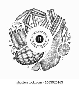 Retro vector meat products design template. Hand drawn ham, sausages, jamon, spices and herbs. Retro illustration. Can be use for restaurant menu.