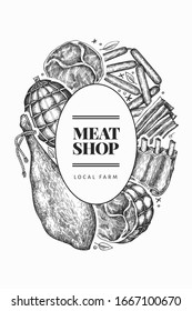 Retro vector meat products design template. Hand drawn ham, sausages, jamon, spices and herbs. Retro illustration. Can be use for restaurant menu.