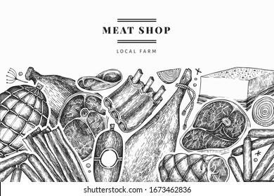 Retro vector meat products design template. Hand drawn ham, sausages, jamon, spices and herbs. Retro illustration. Can be use for restaurant menu.