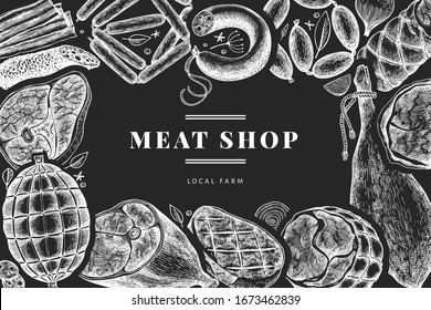 Retro vector meat products design template. Hand drawn ham, sausages, jamon, spices and herbs. Retro illustration on chalk board. Can be use for restaurant menu.