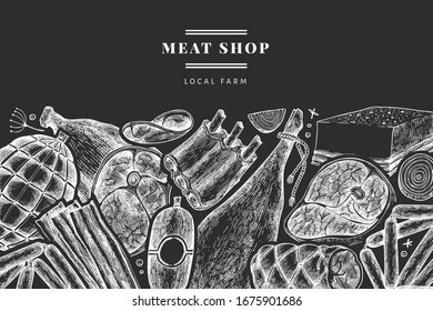 Retro vector meat products design template. Hand drawn ham, sausages, jamon, spices and herbs. Retro illustration on chalk board. Can be use for restaurant menu.
