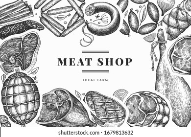 Retro vector meat products design template. Hand drawn ham, sausages, jamon, spices and herbs. Retro illustration. Can be use for restaurant menu.