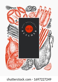 Retro vector meat products design template. Hand drawn ham, sausages, jamon, spices and herbs. Retro illustration. Can be use for restaurant menu.