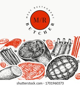 Retro vector meat products design template. Hand drawn ham, sausages, jamon, spices and herbs. Retro illustration. Can be use for restaurant menu.