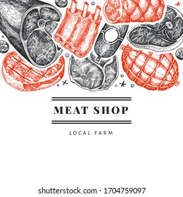 Retro vector meat products design template. Hand drawn ham, sausages, jamon, spices and herbs. Retro illustration. Can be use for restaurant menu.