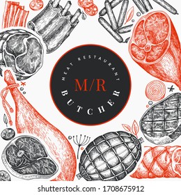 Retro vector meat products design template. Hand drawn ham, sausages, jamon, spices and herbs. Retro illustration. Can be use for restaurant menu.