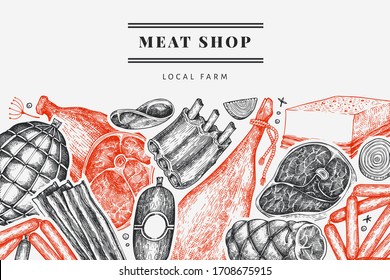 Retro vector meat products design template. Hand drawn ham, sausages, jamon, spices and herbs. Retro illustration. Can be use for restaurant menu.