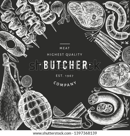 Retro vector meat products design template. Hand drawn ham, sausages, jamon, spices and herbs. Raw food ingredients. Vintage illustration on chalk board. Can be use for label, restaurant menu.