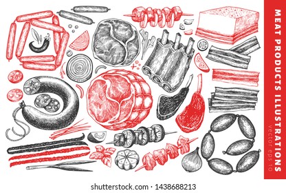 Retro vector meat products illustration set. Hand drawn ham, sausages, jamon, meat steak, spices and herbs. Meat food ingredients. Can be use for label, restaurant menu.