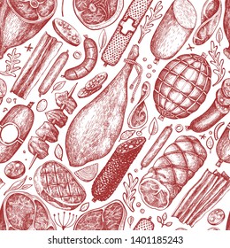 Retro vector meat products seamless pattern. Hand drawn ham, sausages, jamon, spices and herbs. Raw food ingredients. Vintage illustration. Can be use for label, restaurant menu.