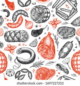 Retro vector meat products seamless pattern. Hand drawn ham, sausages, steak, jamon, spices and herbs. Raw food ingredients. Vintage illustration. Can be use for label, restaurant menu.