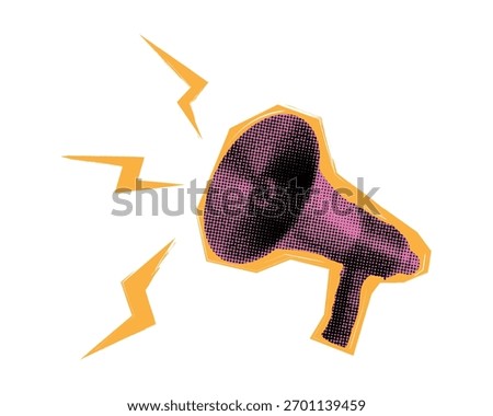 Retro vector megaphone illustration with halftone texture and bright yellow lightning bolts. Vintage pop art style loudspeaker isolated on white background. Bold graphic poster design element.