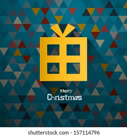 Retro Vector Merry Christmas Theme, Yellow Present Made From Paper on Abstract Triangle Blue Background 