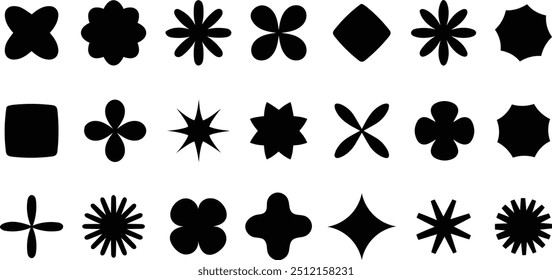 Retro vector minimalistic shape. Y2K Vector. Collection of different graphic elements, star, shapes, spheres, icons, frame, graphic design, poster.
