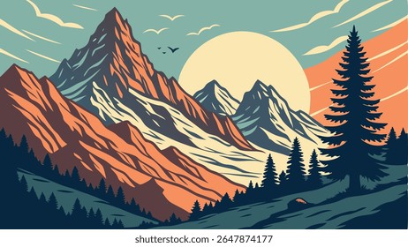 Retro vector mountain landscape with sun, birds, and pine trees. Perfect for nature, adventure, and travel designs.
