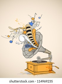 Retro vector music background with gramophone and notes.