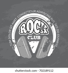 Retro vector opening rock music club, music shop vintage poster or flyer with headphones on grunge texture illustration