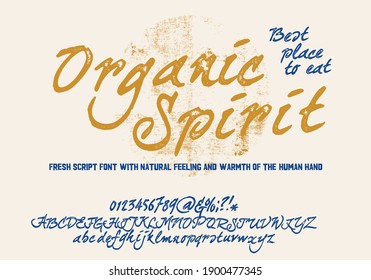 Retro vector 'Organic Spirit' brush script lettering font, handwritten calligraphic alphabet
