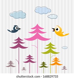 Retro Vector Paper Trees, Birds and Clouds 
