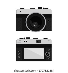 Retro Vector Photo Camera Isolated on White Background. Front and Rear Side Vintage Digital Mirrorless Camera Concept.