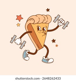 Caractere de pizza de vetor retroativo. Design bonito de junk food. Esporte desenhado à mão e ilustração do jogo. Perfeito para adesivo, logotipo da camisa de T, cartão de saudação, cartaz ou design de impressão de berçário. Arquivo de vetor EPS 10.