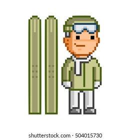 Retro vector pixel skier on white background.