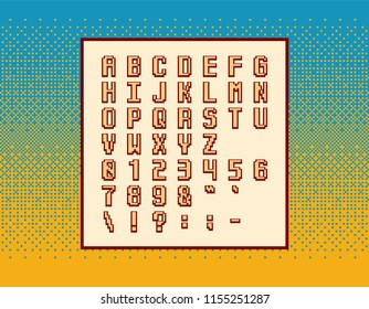 Retro vector pixel video game font - symbols, letters and numbers over dithering background