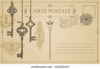 Retro vector postcard with old keys and keyholes, with place for text on beige background in vintage style with rubber stamp