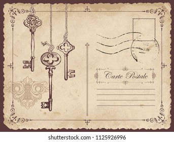 Retro vector postcard with old keys and keyhole, with place for text on old beige background in vintage style with rubber stamp