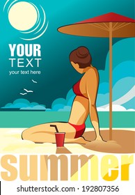 Retro vector poster of a girl in red bikini on the sunny beach at summer vacation.