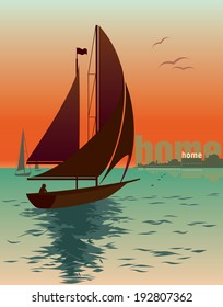Retro vector poster of the sunset on the sea with a yacht and city silhouette.