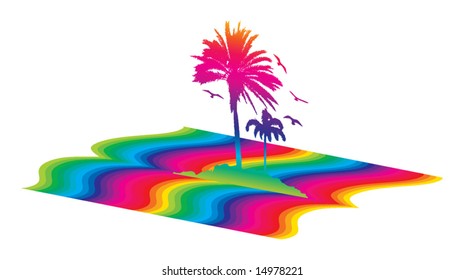 retro vector rainbow color lines and palm trees