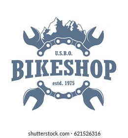 retro vector repair service  monochrome logo for mountain bicycles with chain and wrenches  