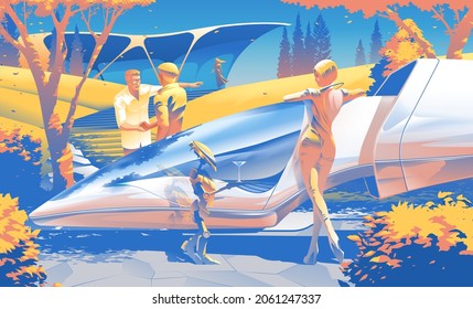 ilustración científica de vectores retro de personas ricas en la vida diaria en 2079
