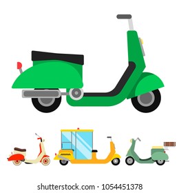 Retro vector scooter motorcycle travel design motorbike delivery vehicle illustration. Transportation moped cartoon motor urban lifestyle symbol.