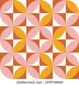 retro vector seamless pattern 70's and 60's geometric squares groovy style, bright pink orange playful great for wallpaper background fabric projects. 