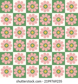 retro vector seamless pattern 70's and 60's flowers groovy style, bright pink orange great for wallpaper background fabric projects. 