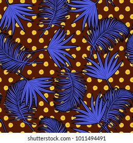 Retro vector seamless pattern beautiful artistic silhouette  tropical leaves in polka dot background  with exotic forest.colorful original stylish floral print on stylish brown background.